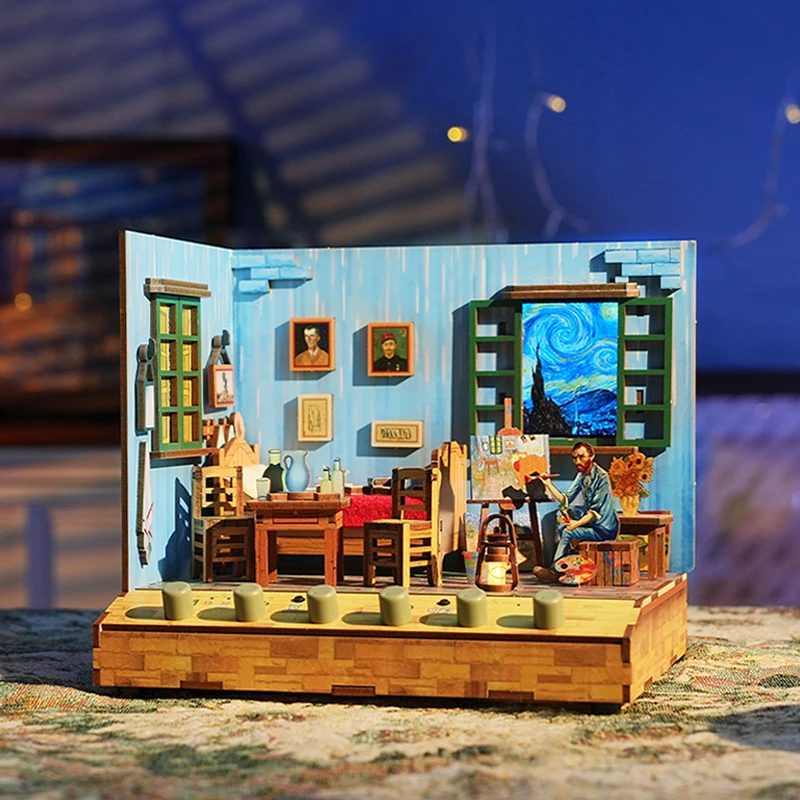 DIY Wooden Doll Houses Van Gogh\'s Bedroom Casa Miniature Building Kits with Furniture USB Power Dollhouse for Adults Gifts