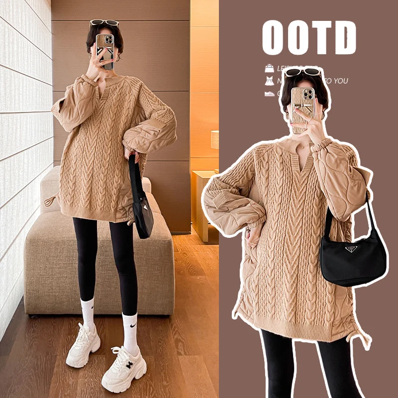 2723# Autumn Winter Fashion Cotton Padded Patchwork Sweaters Maternity Coats Chic Ins Tops for Pregnant Women Pregnancy Jackets