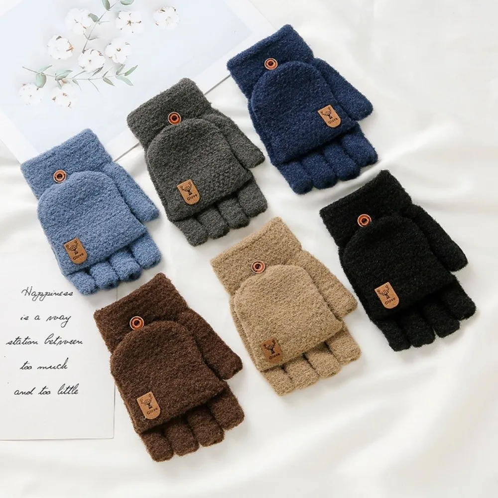 Fashion Warm Winter Knitted Gloves Windproof Fleece Writing Mittens Elastic Jacquard Half Finger Mittens for Men