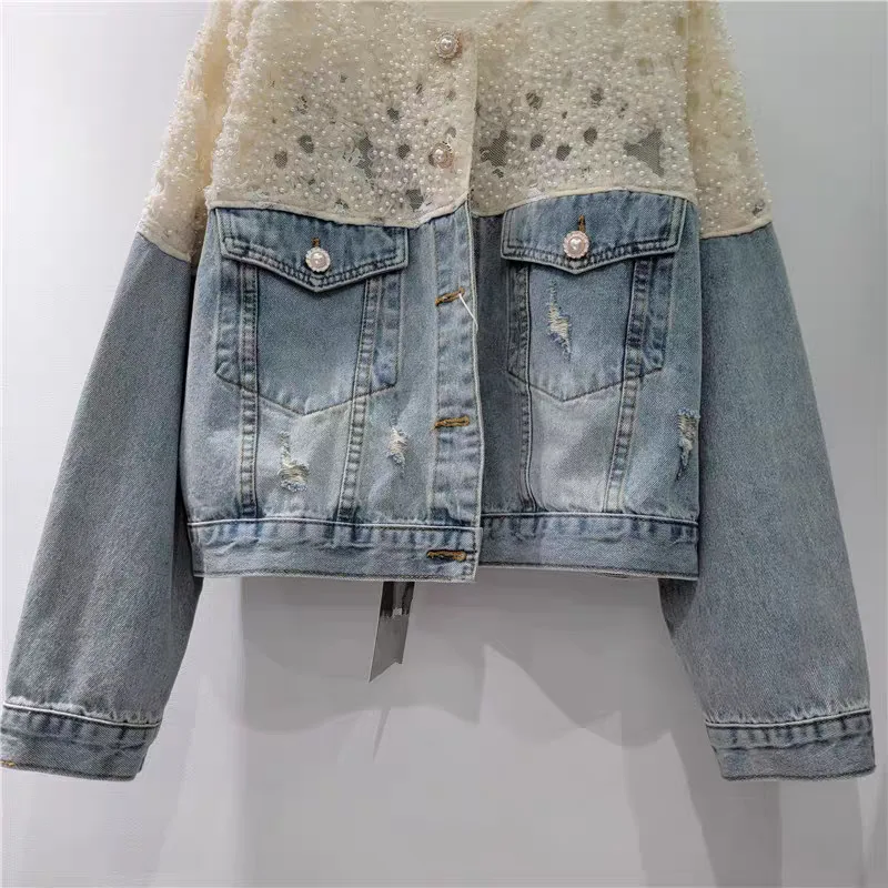 

European Denim Jacket: Lace shoulders & intricate beadwork. A chic, cropped 2025 statement piece.