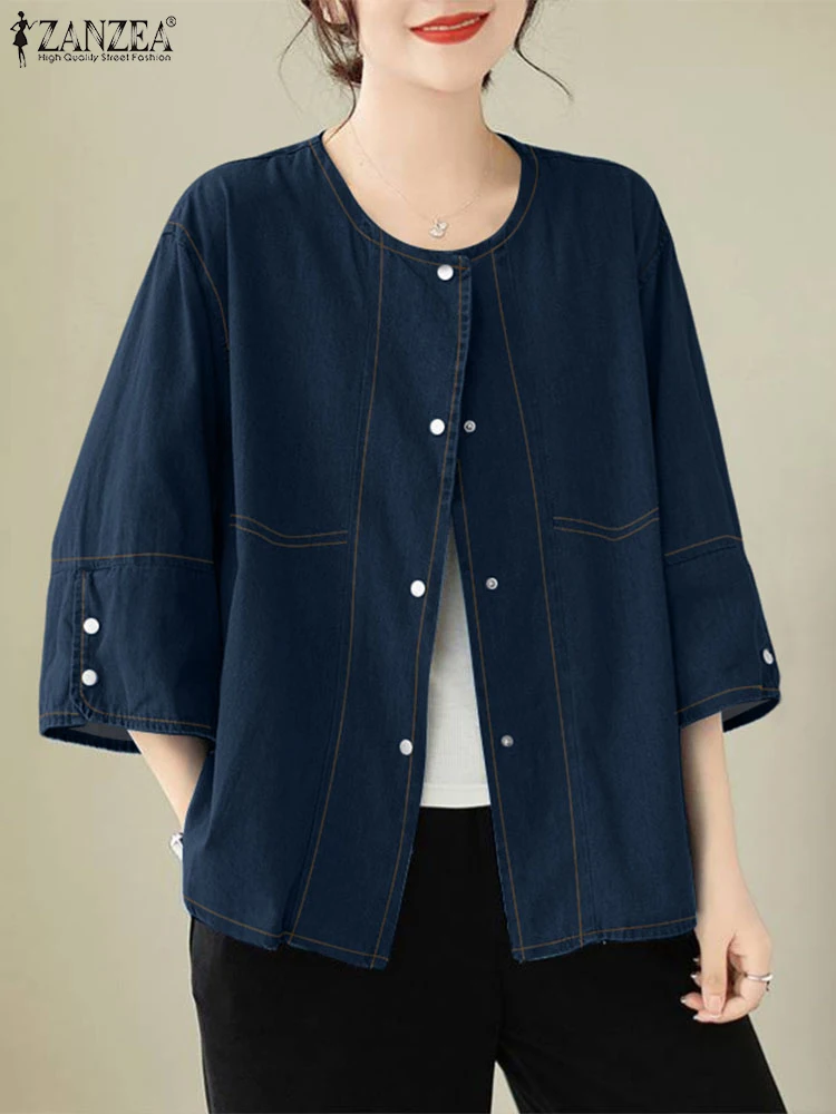 

2025 ZANZEA Women Fashion Cardigans Shirts 3/4 Sleeve Fashion Solid Color Blouses Autumn Buttons Casual Loose Elegant Office Top