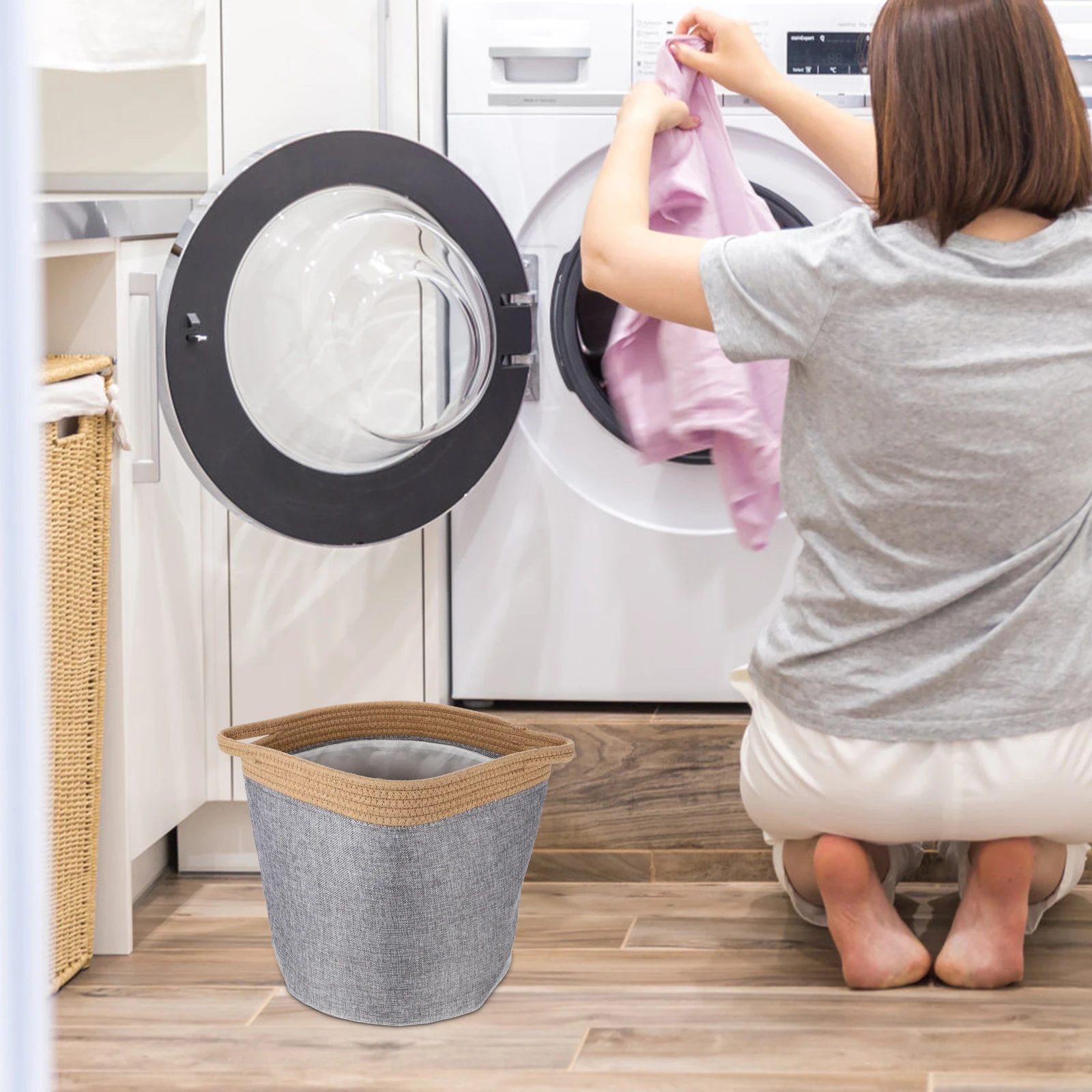 

Fabric Storage Bucket Collapsible Laundry Basket for Clothes Socks Shoes Foldable Cotton Rope Container Reusable