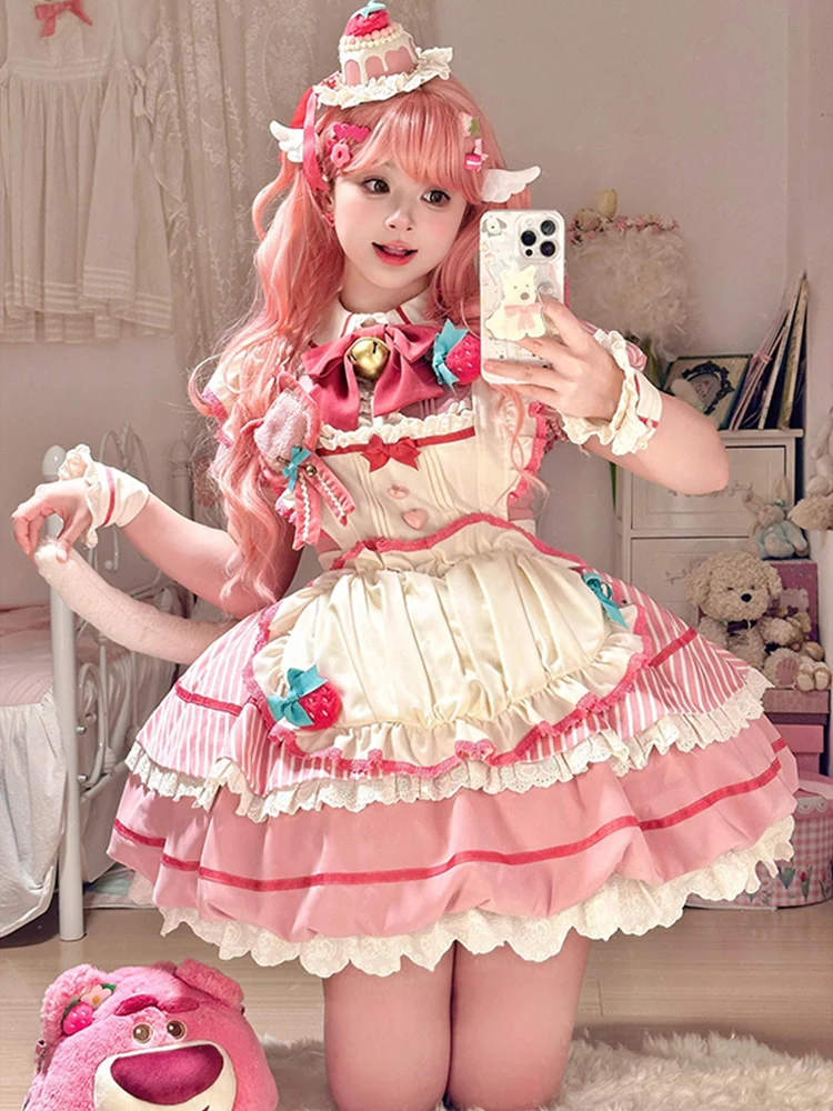 

Pink Flower Bud Skirt Lolita OP Cute Daily Light Lo Princ Dr Lolita Clothing Set High Waist Spring Autumn Winter