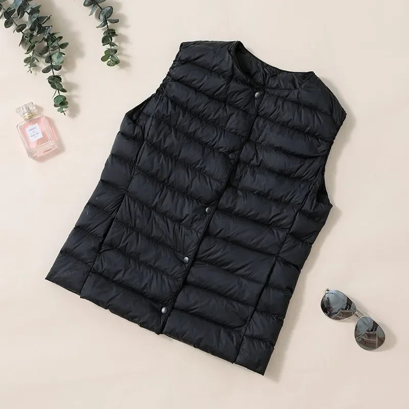 Plus Size Down Vest Liner Women\'s Lightweight 2024 New Down Jacket Short Vest Collarless Light Round Neck Waistcoat