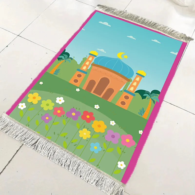 VIKAMA Children's Cartoon Prayer Mat, Cute Mosque and Flower Pattern, Soft and Non-Slip Prayer Rug, Islamic Home Decor