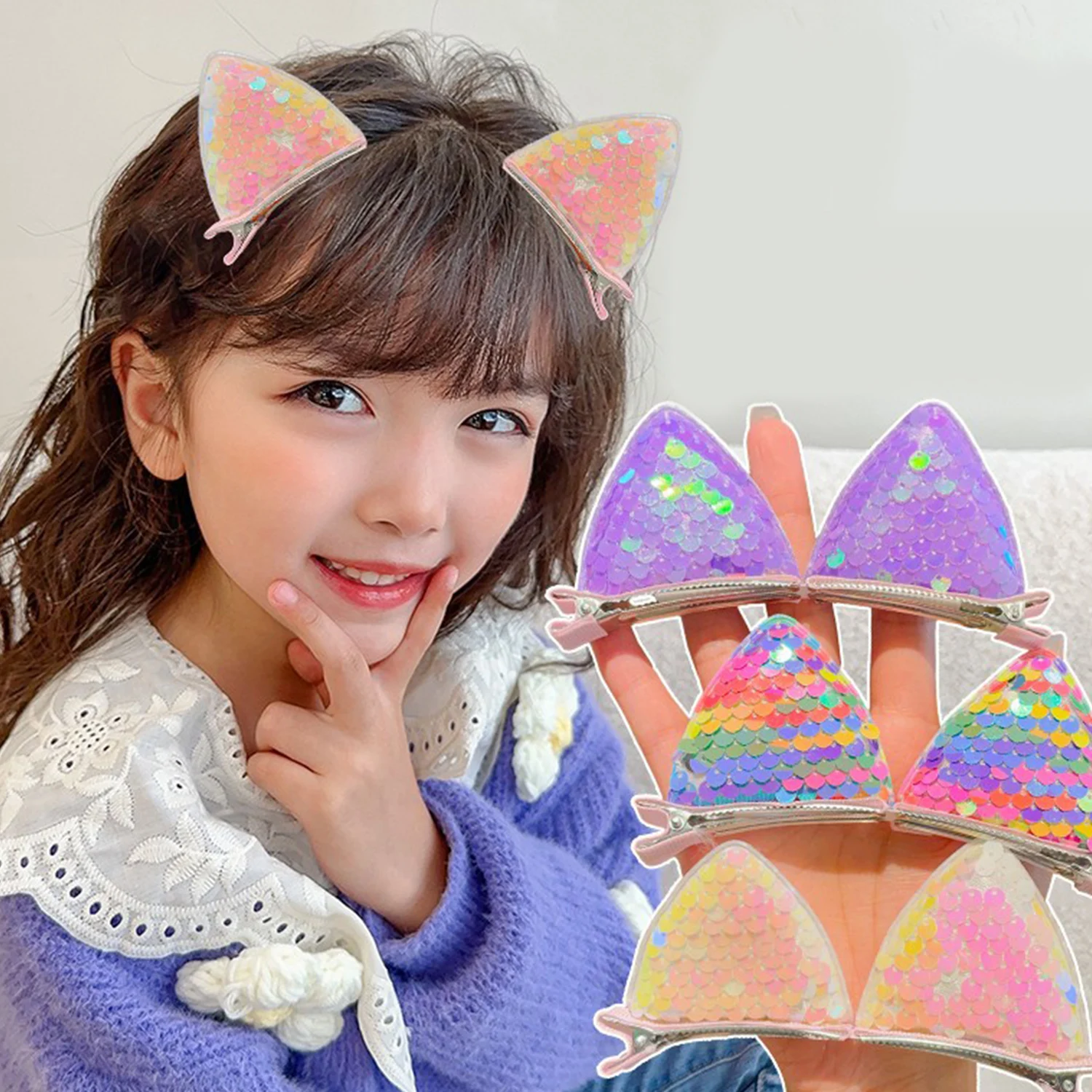 2PCS New Gradient Sequin Cat Ears Hair Pins Girls Cute Hair Clips Hair Accessories Women Sweet Barrettes Kids Ornaments Gift