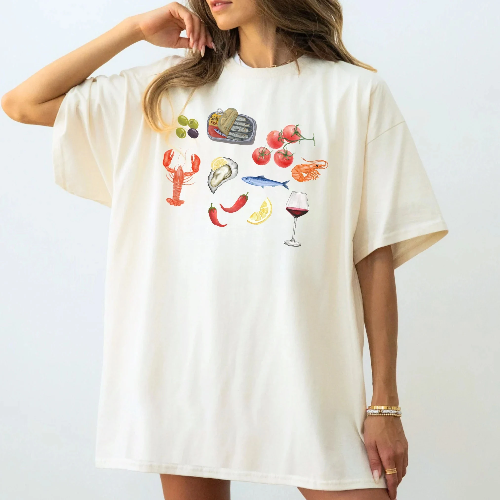 Cute Cartoon Seafood Buffet Print Female Shirt New Hot Sale Fashion Summer Casual Relaxed Print Women T-shirt Trend Simple Tee