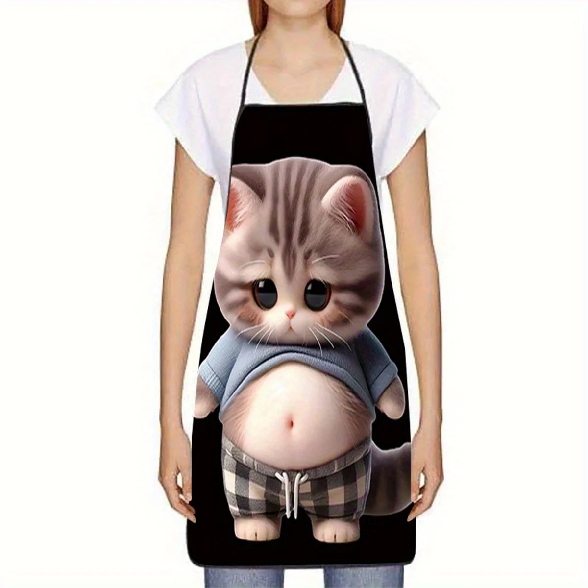 1pc Cute Cat Print Sleeveless Apron Durable Polyester Kitchen Apron with Adorable Cartoon Cat Design, Plaid Pajamas