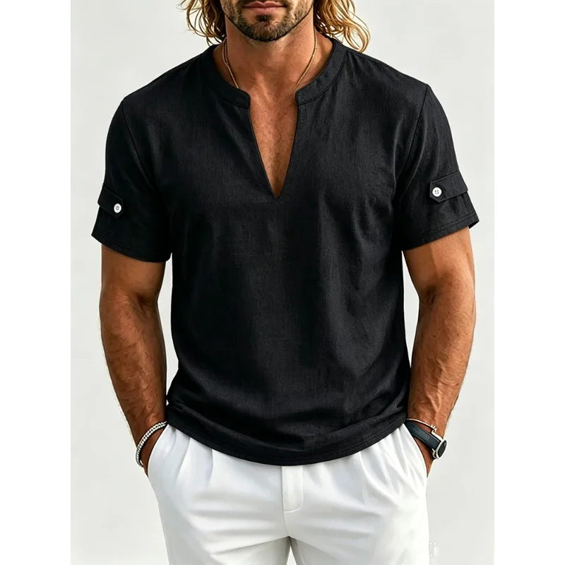 Men Notch Henley V Neck Short Sleeve Linen Textured Shirt Solid Button Cuff Tab Pocket Casual Top Breathable Vacation Blouse