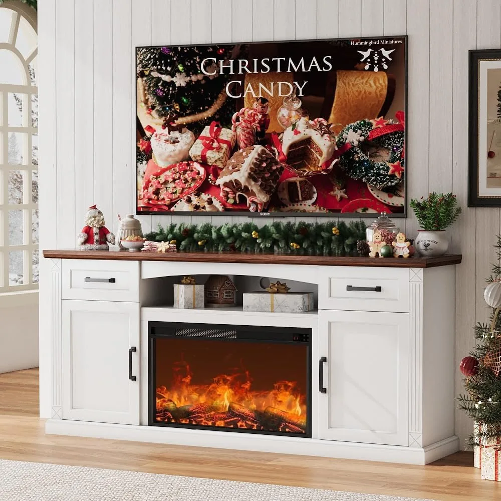 

Fireplace TV Stand for up to 80 inch TV, 32" Tall Center with Fireplace, Farmhouse TV Stands with Electric Fireplace, 70in