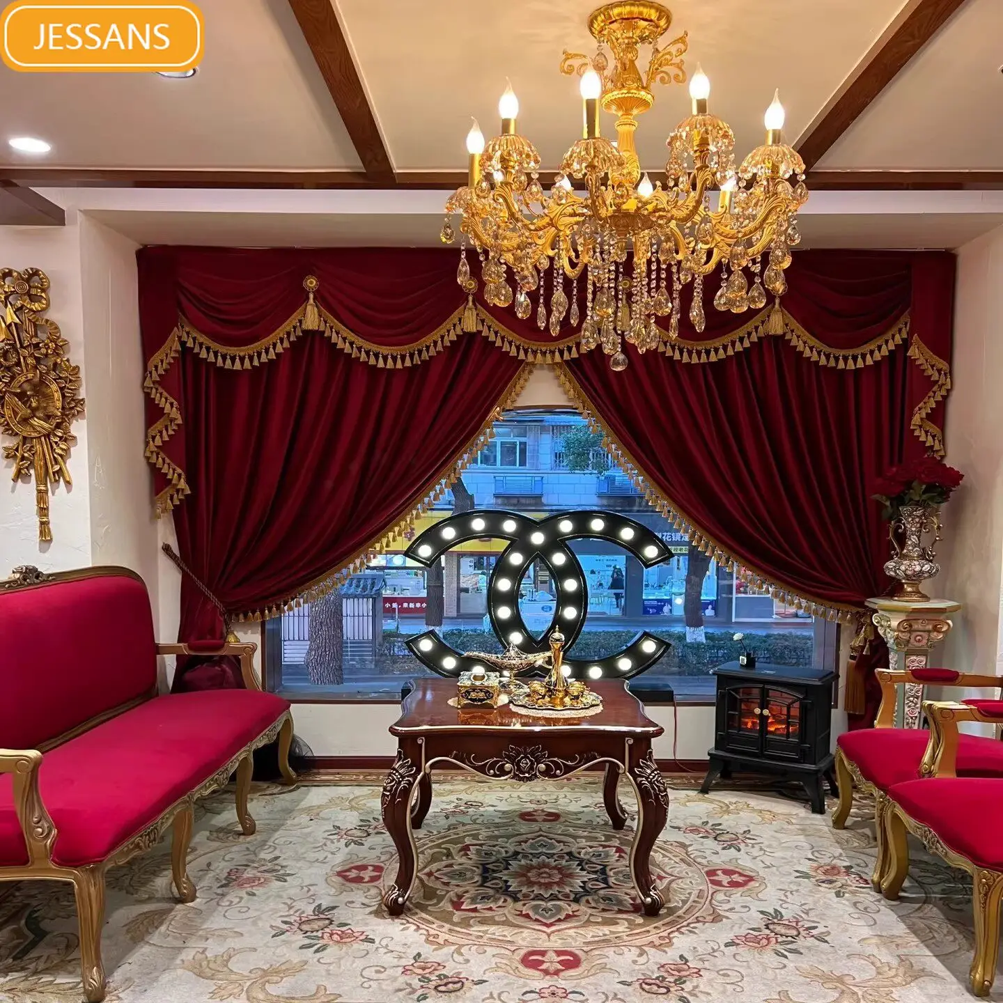 

American Christmas Decoration Wine Red Velvet Thickened Curtains for Living Room Bedroom Decoration French Window Customized