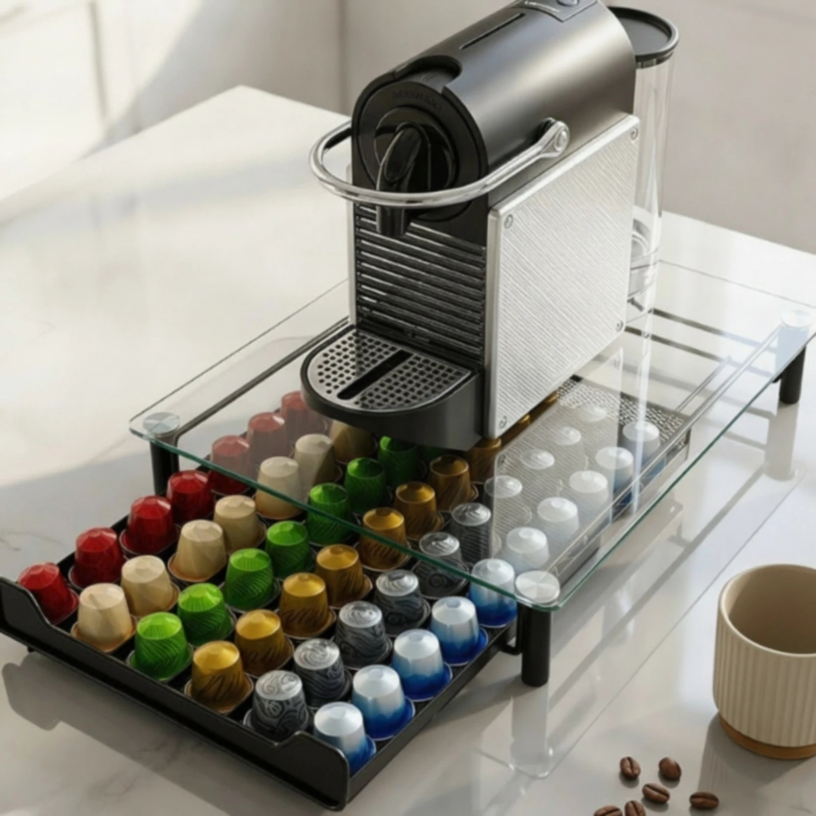 Glass Top Coffee Capsule Drawer Space Saving Design Coffee Capsule Storage Drawer for Kitchen, Home Bar