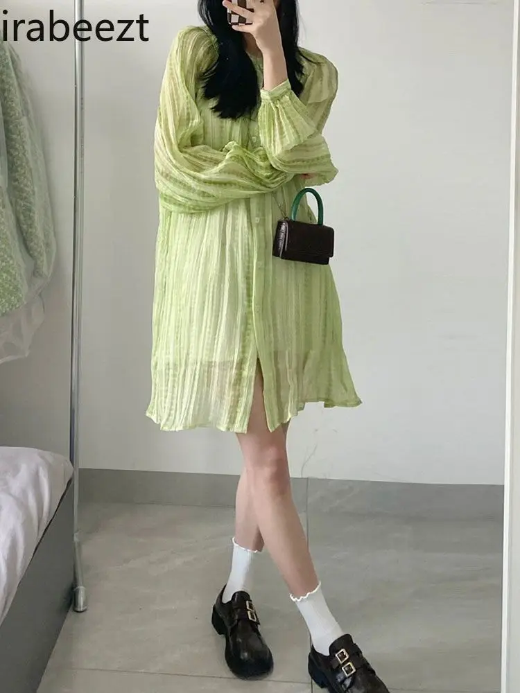 Green Shirt Dress Women Spring and Autumn Design Small Niche High-end Small Midlength Robe Women Clothing Long Blouse