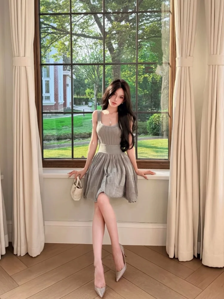 

Stazf7 Summer Knitted A-Line Dress Waist-Cinching Sleeveless U-Neckline Frock for plus Size Women Elegant Casual City Wear