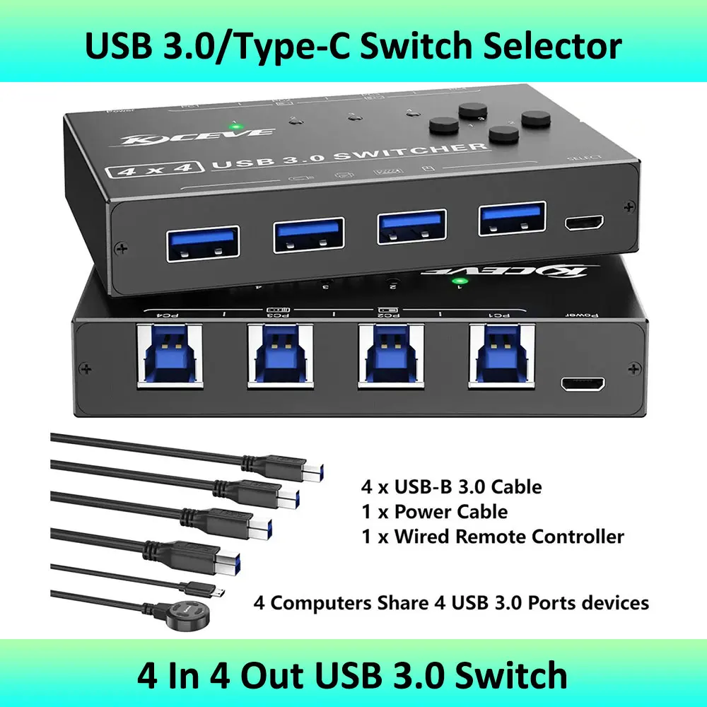 USB 3.0 Switch Selector 4 Computers Share 4 USB 3.0 Ports,3.0 Switch for Keyboard Mouse Switch,Compatible with Mac/Windows/Linux