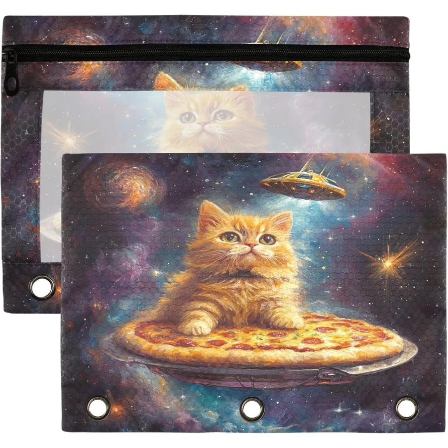 Teczki na dokumenty Star Cat z 3 ringami dla chłopców i dziewcząt, do szkoły, biura, na uczelnię, artykuły szkolne, motyw galaktyki, kosmosu, pizzy, kosmitów, etui na dokumenty, torba z motywem kosmicznym.