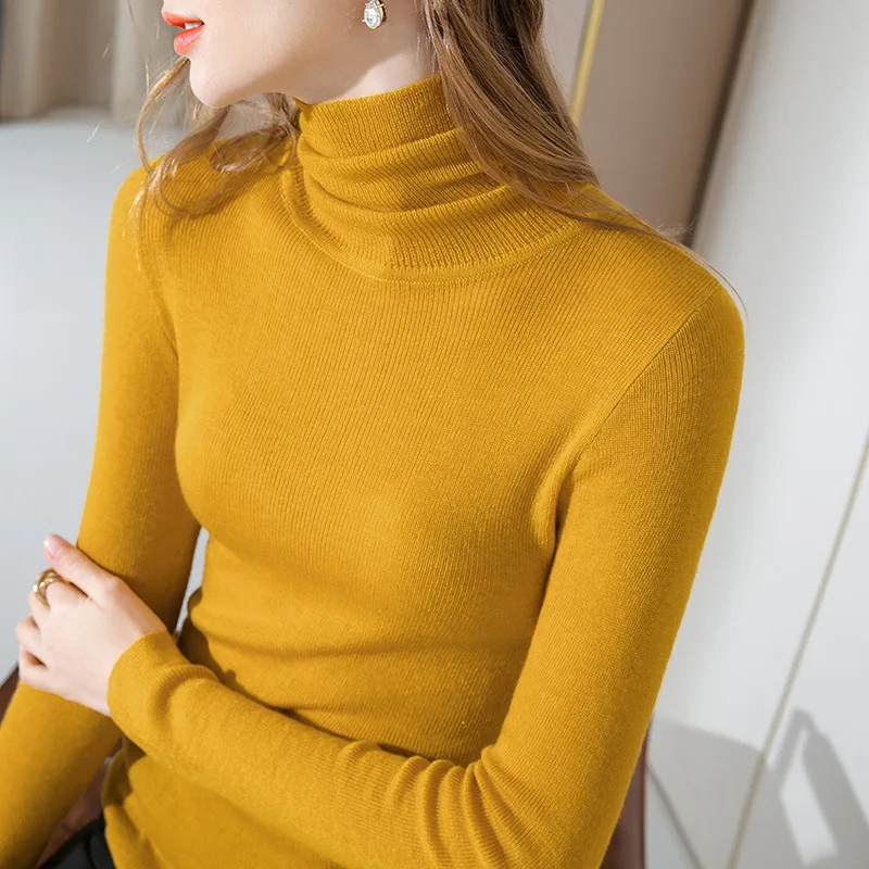 

High Necked Knitted Bottom For Women's Autumn 2023, New Solid Color Pile Up Collar Wool Sweater With Waistband And Elastic Top