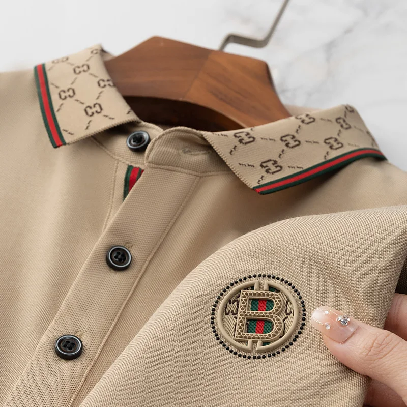 صيف جديد الرجال قصيرة الأكمام الفاخرة مخصص رائعة التطريز قميص بولو عالية الجودة الحرير القطن تي شيرت الأعمال رداء علوي غير رسمي