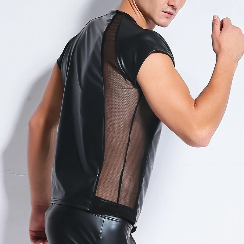 New Men`s T-Shirts Long Line Faux Leather Hip Hop Rivet Mesh Patchwork PU Short Sleeve Tees For Male Plus Size
