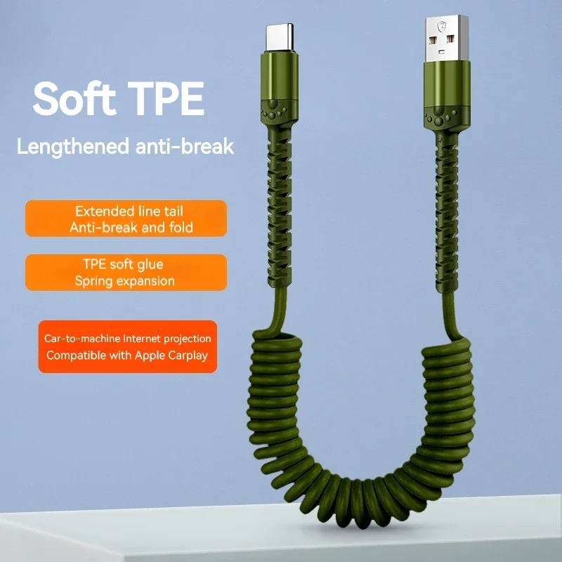 

Fast Charging Cable Spring Pull Telescopic USB-A Type C Data Cable For Xiaomi Huawei Car Charger Cord Phone Accessorie