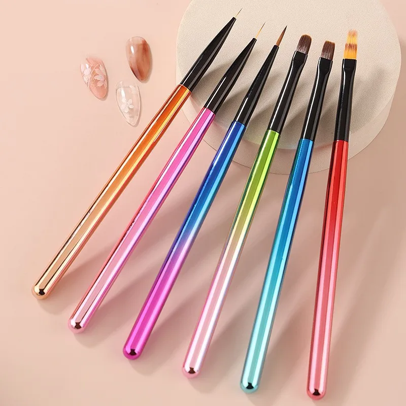 1/6PCS Kleurrijke Nagelborstel UV Gel Borstel Voor Nagels Liner Brush Bloemblaadje Platte Ovale Universele Ombre Schilderen pen Voor Nail Art Gereedschap