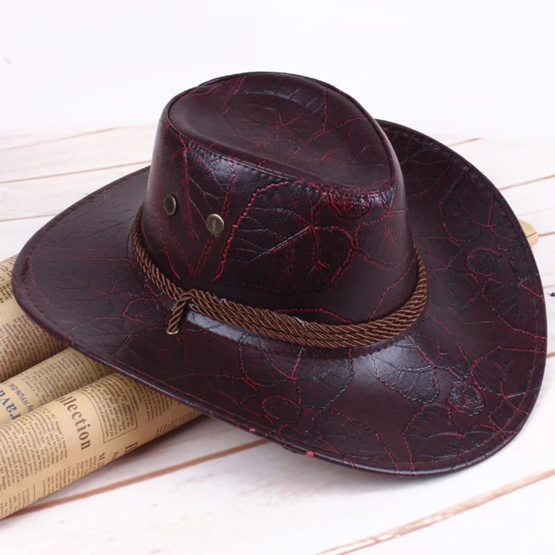 Retro Leather Cowboy Basin Hat Breathable Hats Outdoor Casual Vacation Summer