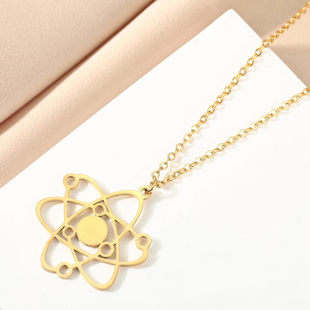 CHENGXUN Hollow Atom Pendant Necklace for Women Girls Stainless Steel Science Charm Neck Chain Carbon Atom Physics Jewelry Gift