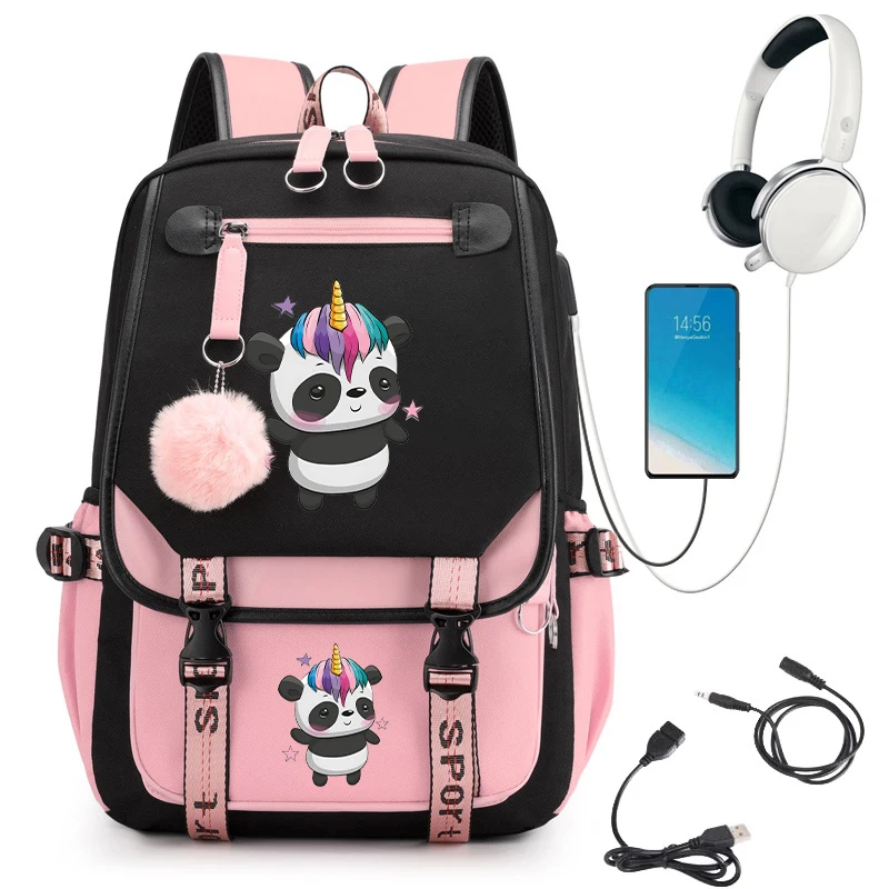 Cartoon Panda School Bag para crianças Mochila de menina Mochila de criança adolescente Bagpack de carregamento USB Bookbag primário