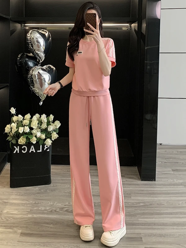 

High-End Pink Casual Sports Set Women's Summer Slimming Short Sleeve T-Shirt Wide Leg Pants Two-Piece Set Anti-Aging Trendy