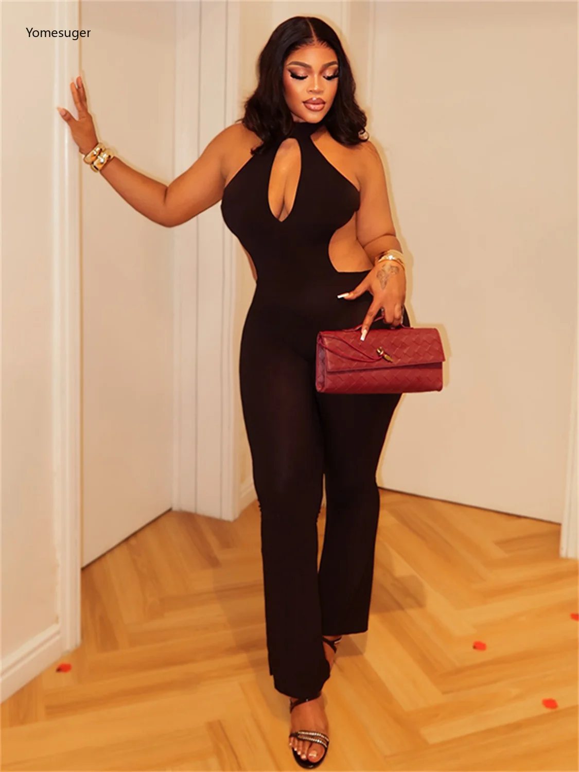

Yomesugar Sexy Backless Hollow Flared Jumpsuit Women 2026 Spring Halter Bandages Sleeveless Skinny Rompers Midnight Clubwear