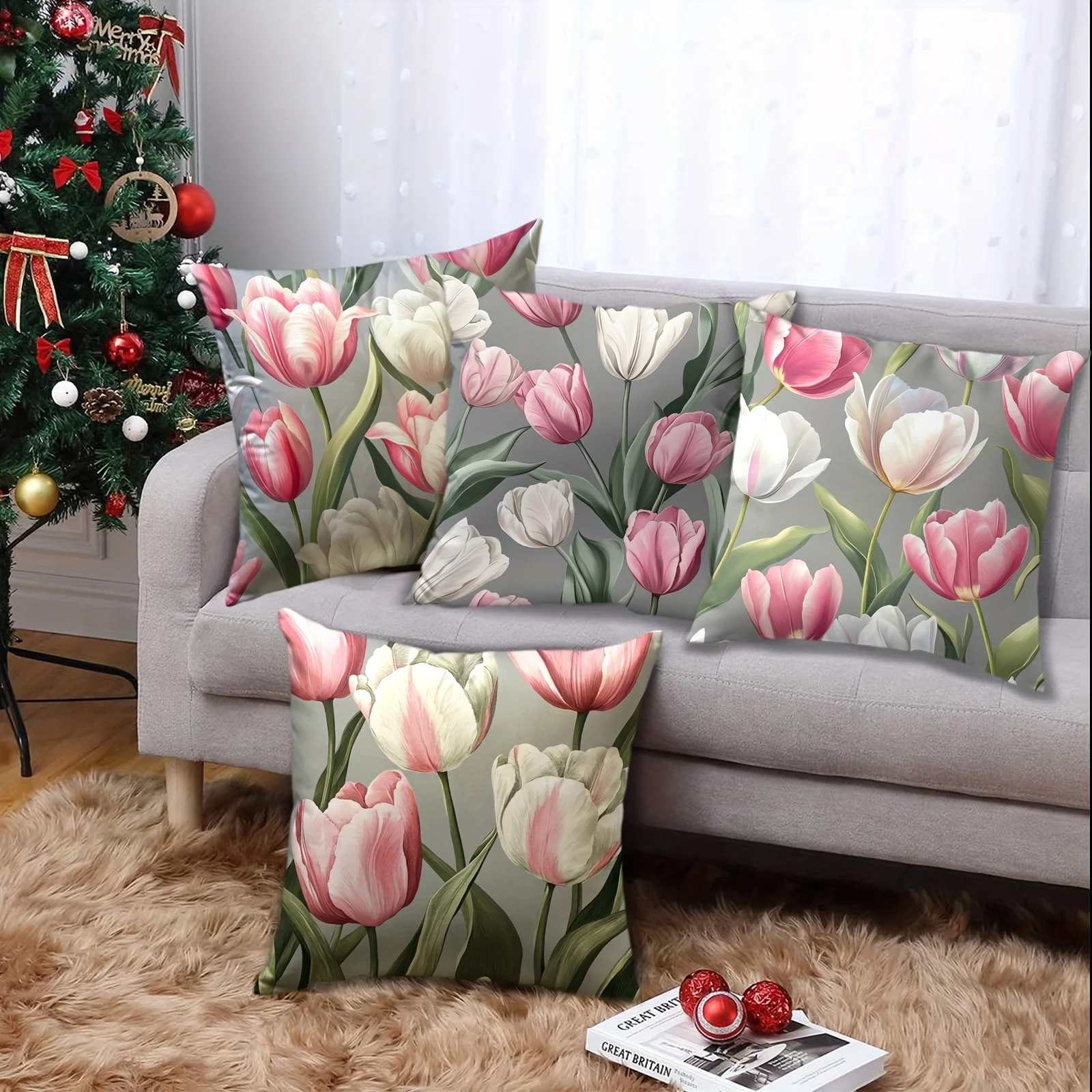 4 fundas  cojín mornas con estampado  tulipanes - Fundas contemporáneas en tonos neutros, iales para coración  sofá,