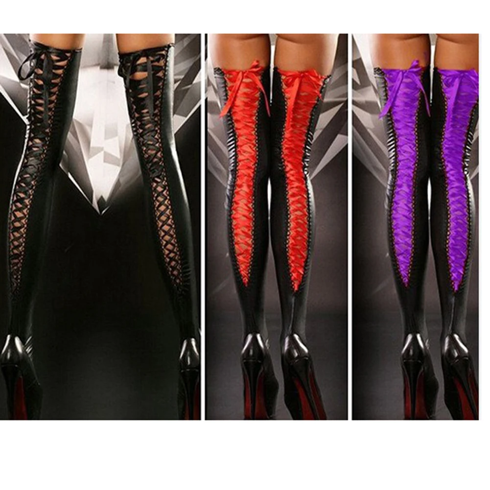 Sexy clube feminino confortável coxa-alta meias de couro laço arco meias longas sexy bodys lingerie mulher sexy calcinha transparente