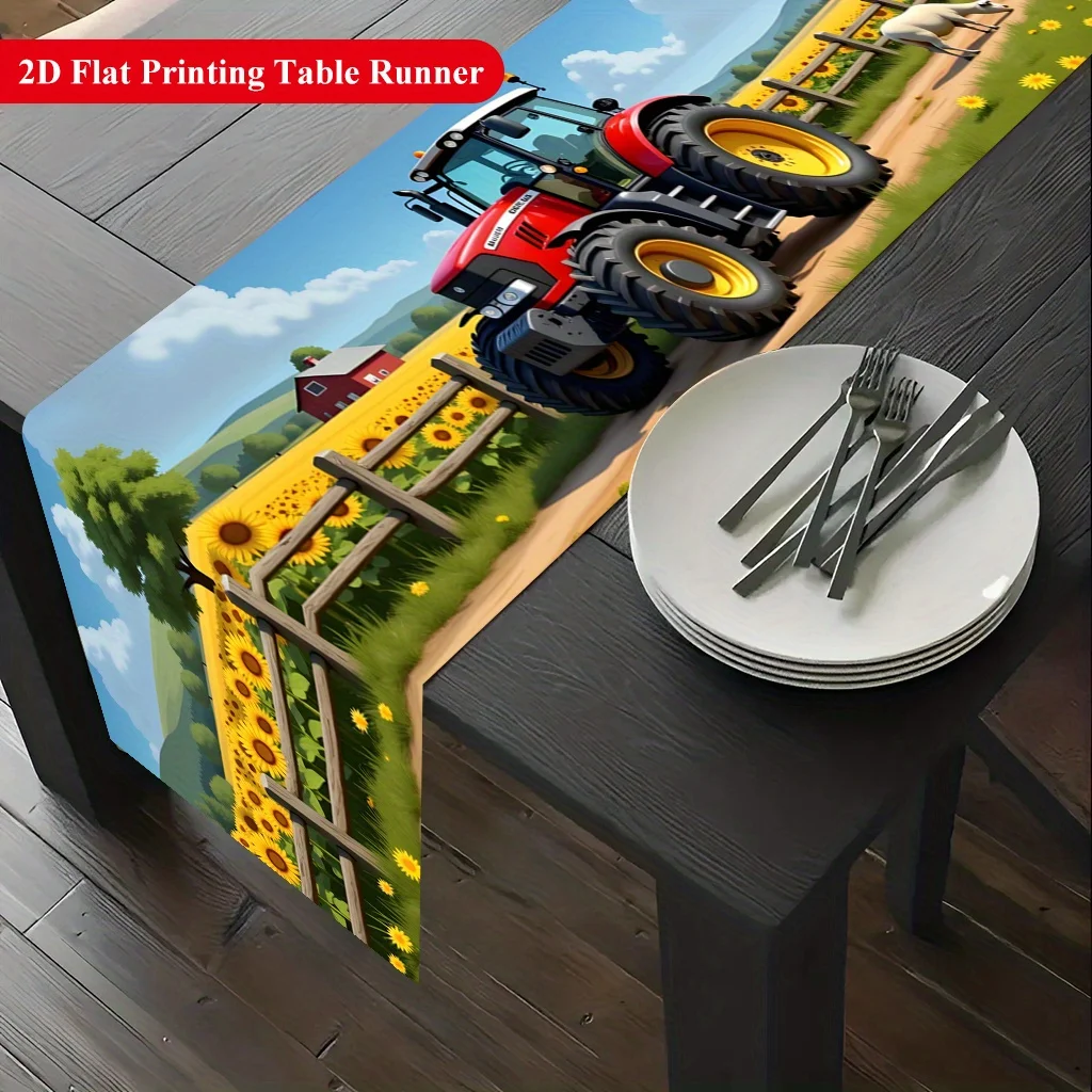 2D Flat Sunflower Tractor Farm Print Polyester Table Runner Soft Durable Easy Care Indoor Outdoor Holiday Dining Home Party Tabl