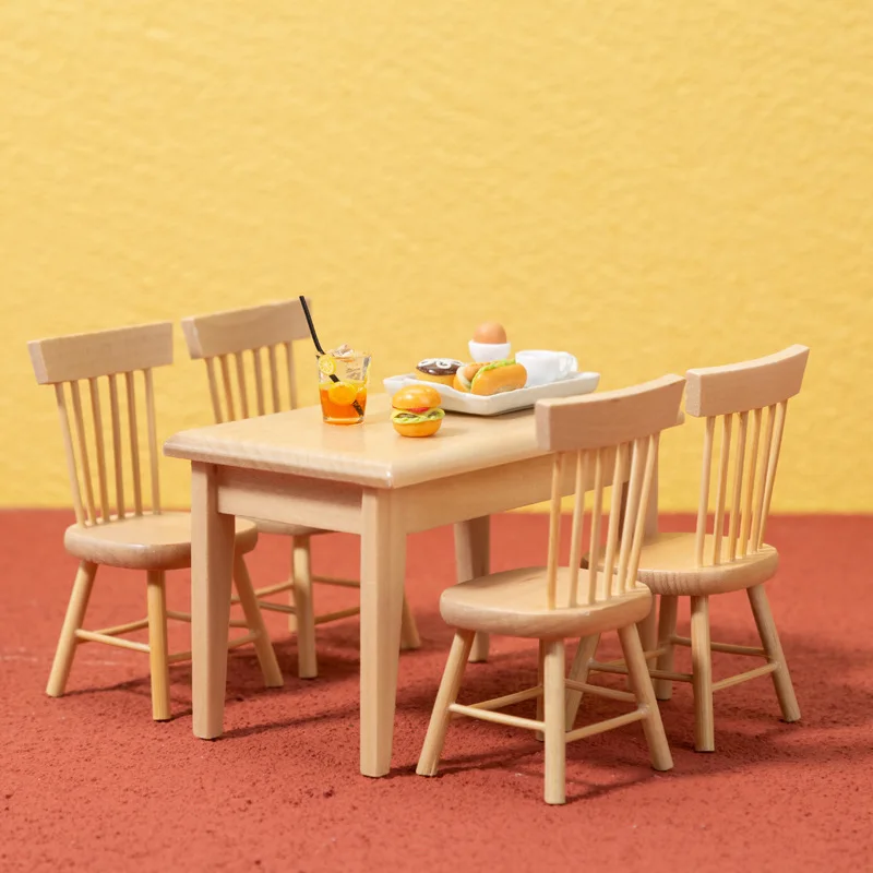 

Miniature Oak Dining Table and Chairs Dollhouse Accessories DIY Toy Food Playhouse Miniature Model Furniture for Dollhouses