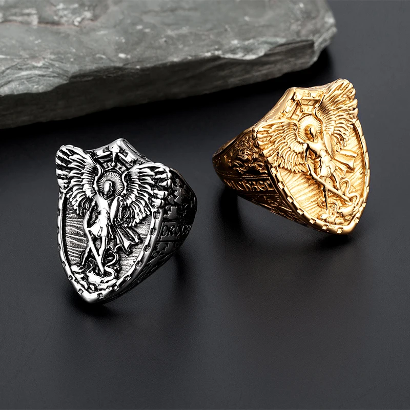 Men's Cast Steel Angel Titanium Ring,Hip Hop Punk Gothic Jewelry,Battle Warrior Design (Steel Color/Golden)For Male Fashion gift