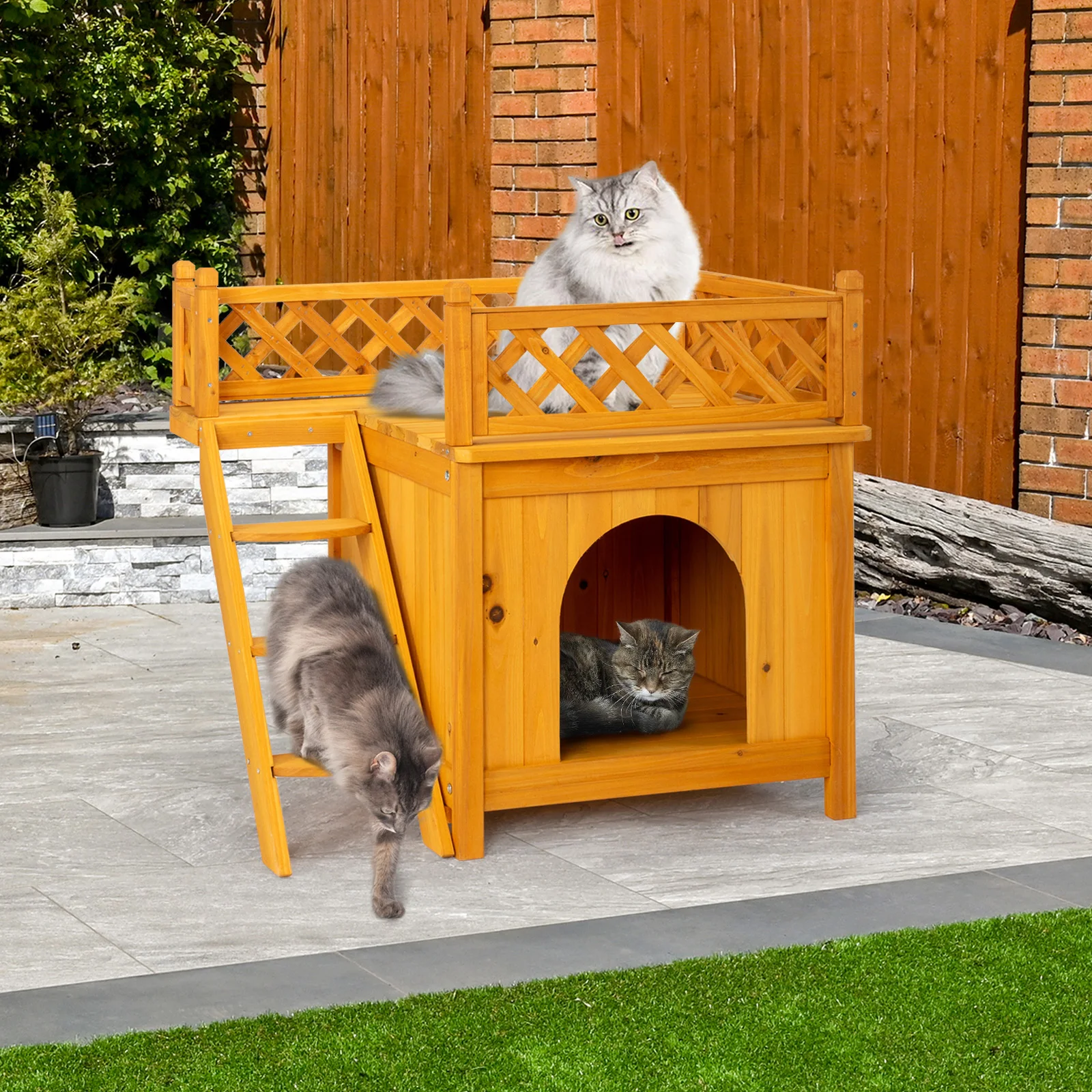 2-Story Wooden Feral Cat House Dog House for Outdoor and Indoor, Pet House with Stairs, Yellow