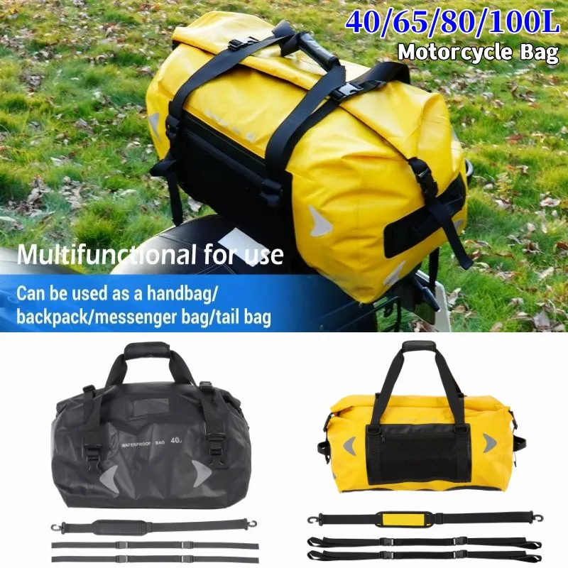 

40/65/80/100L PVC Material Motorcycle Travel Bag Motorbike Tail Bag With Reflective Strip Riding Side Box Shoulder Camel Bag