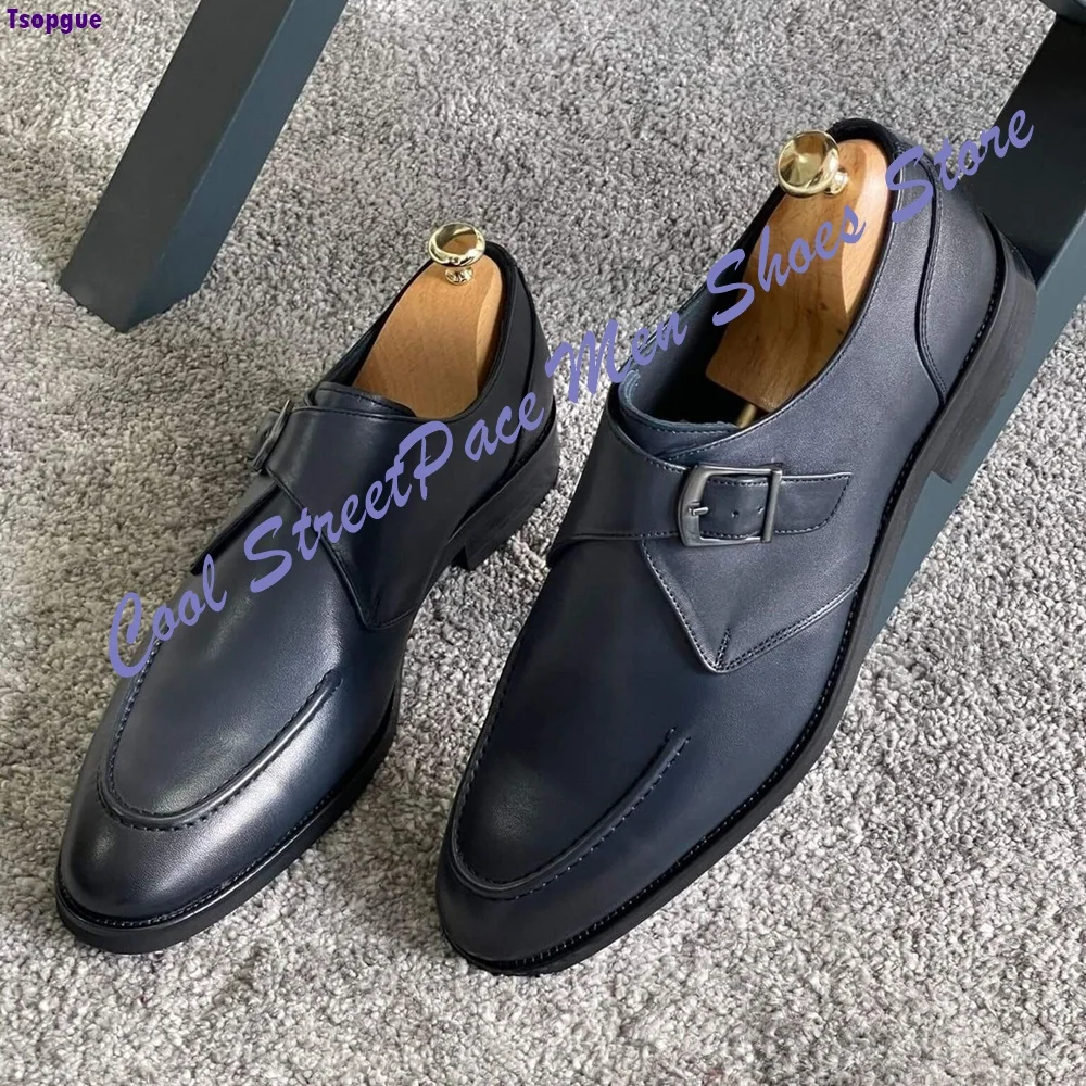 Single Monk Strap Dress Shoes Men Dark Gray Polished Leather Cap Toe Slip On Low Block Heel Business Wedding Formal Handmade