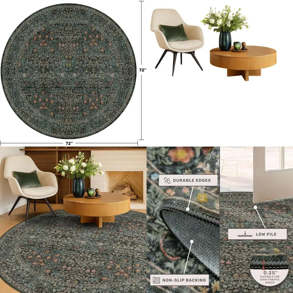 

6ft Soft Round Washable Rug with Non-Slip Rubber Backing, Dark Green Floral Design for Living Room, Bedroom, and Kitchen