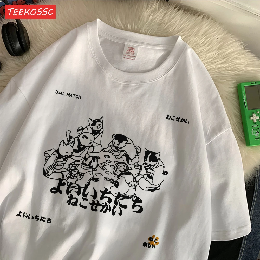 Trend Cotton Women'S T-Shirts Japanese Harajuku Style Cats Prints Short Sleeve O-Neck Oversize Breathable Summer Female Clothes