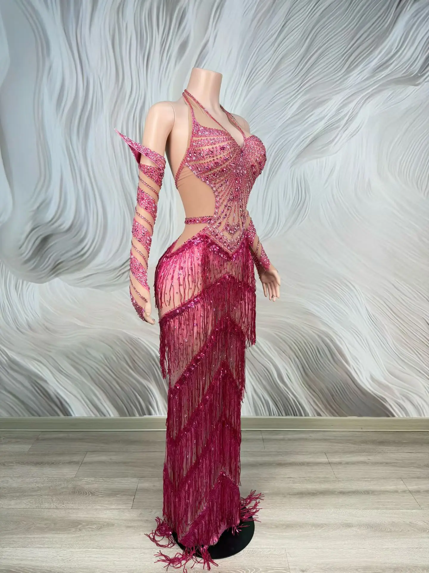 Gesang Pink Rhinestone Fringe Mermaid Gown Halter Neck Cutout Mesh Long Dress With Detachable Sleeves Stage Costume - view 3