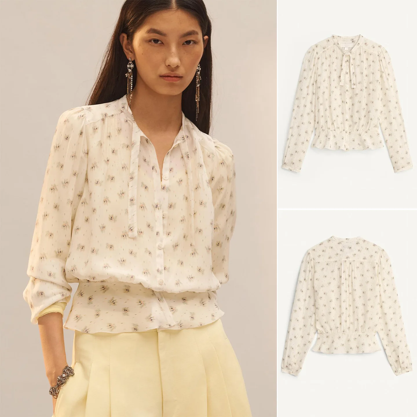 

Spring Summer New Women's Casual Style Pleated Hem round Neck Long Sleeve Floral Print Knot Decorated Shirt