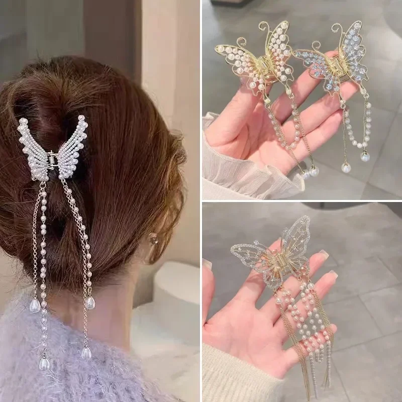 Retro Hollow Butterfly Tassel Hairpin Korean Girl Rhinestone Ponytail Hair Grabber Elegant Pearl Hair Accessories for Women