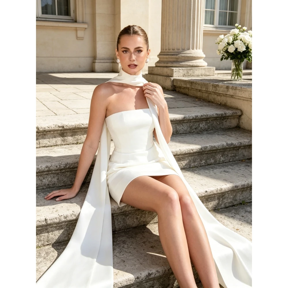Rebecca Customized White Elegant Sleeveless Wedding Dresses Detachable Shawl Zip vestidos de novia A-Line Mini After Party 2026