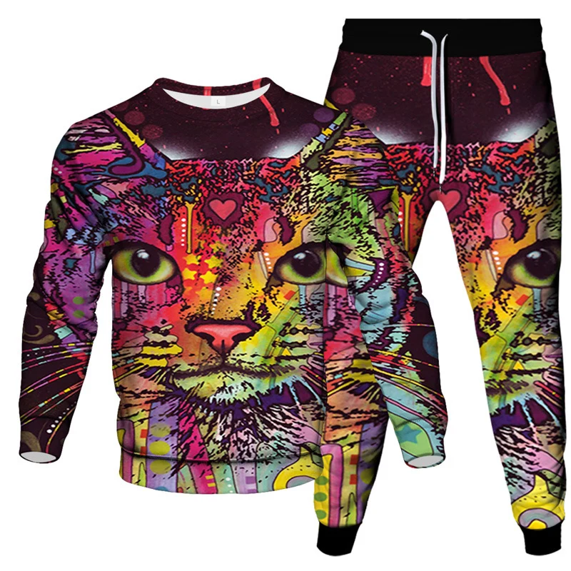 Autumn Animal Cat 3D Print Men\'s Sportswear Set FashionLong-Sleeved T Shirt Pants 2-Piece Set Oversized Pullover Men Clothing