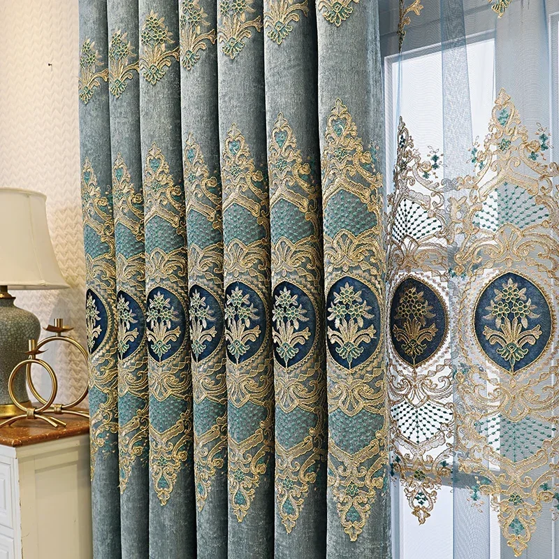 

New Luxury Embroidered Curtains For Living Room And Bedroom Hall Blackout European Style Window Lace Blue Tulle Customization