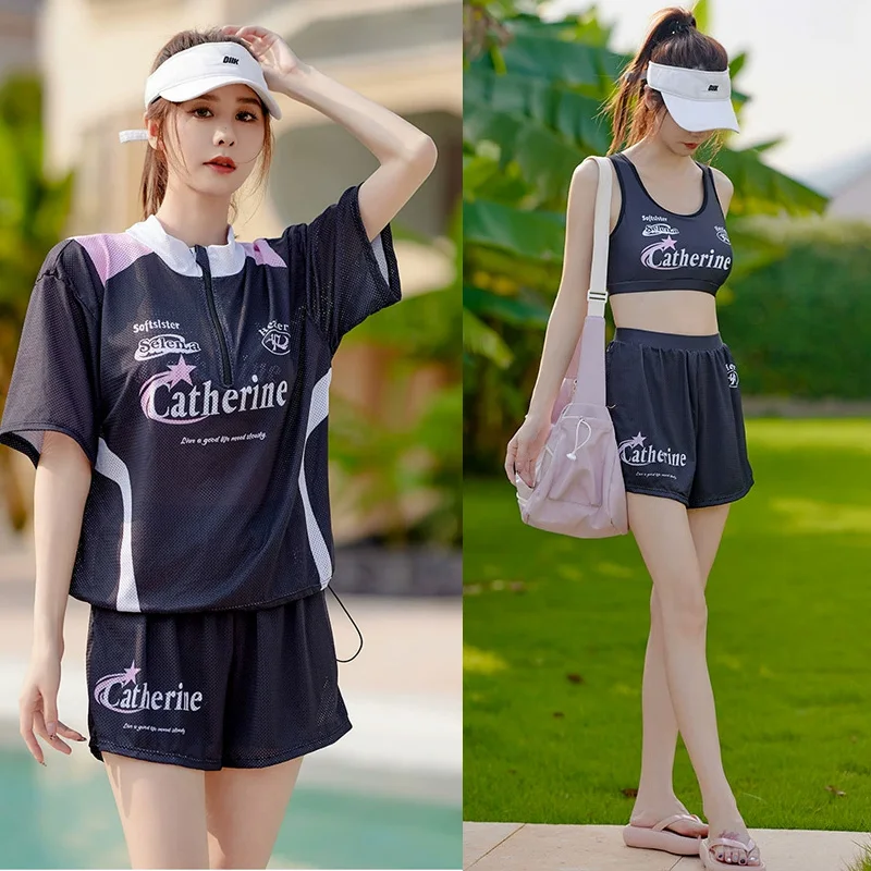 

Women's 3 Piece Rash Guard Short Sleeve Swimsuits Zip Up Loose Shirt+Bra+Boyshorts Quick Dry Cover Ups Drawstring Beachwear
