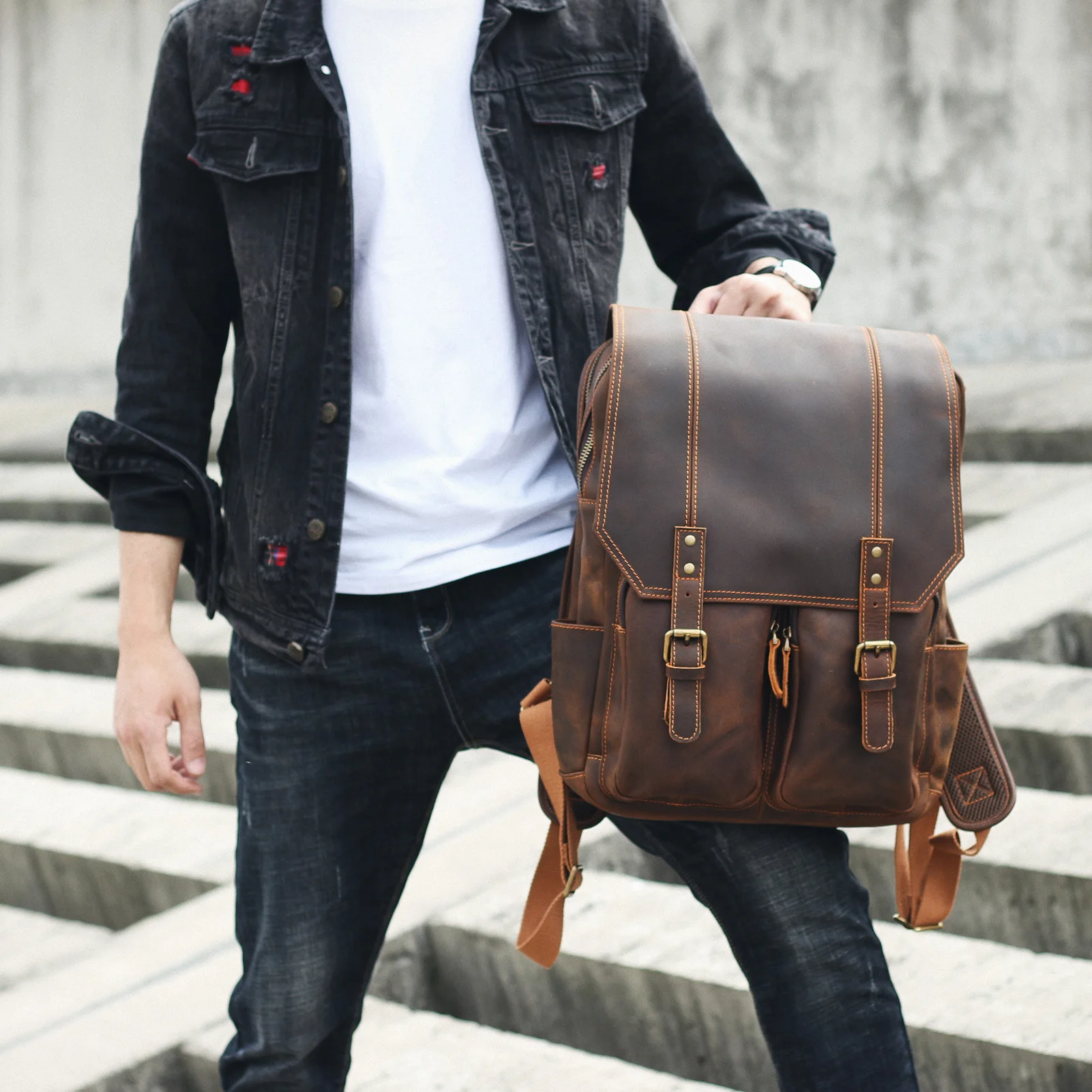 S.WORKER Vintage Echtleder-Rucksack Laptop-Tasche Lässige Crazy-Horse-Leder Schultasche Outdoor-Reise-Weekender-Tasche – Detail 5