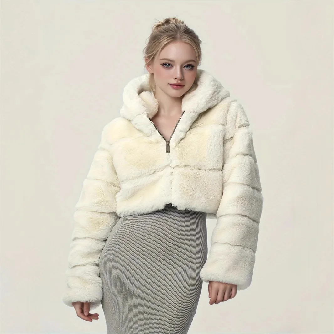

Fleece Winter Women Mink Fur Jacket Multicolor Haldf Zipper Female's Artificial Short Coat Fur Trim Hood Lady Faux Coat