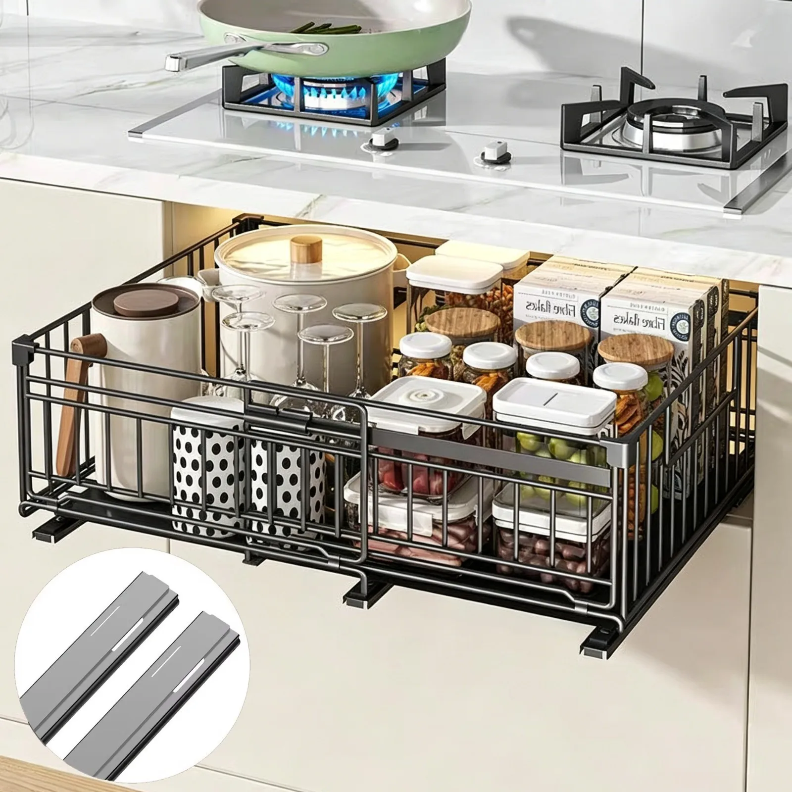 Image of Ausziehbares Küchenregal, Schrank-Organizer ohne Bohren, Schubladenregal für Küchenschüsseln, Teller, Gewürzgläser